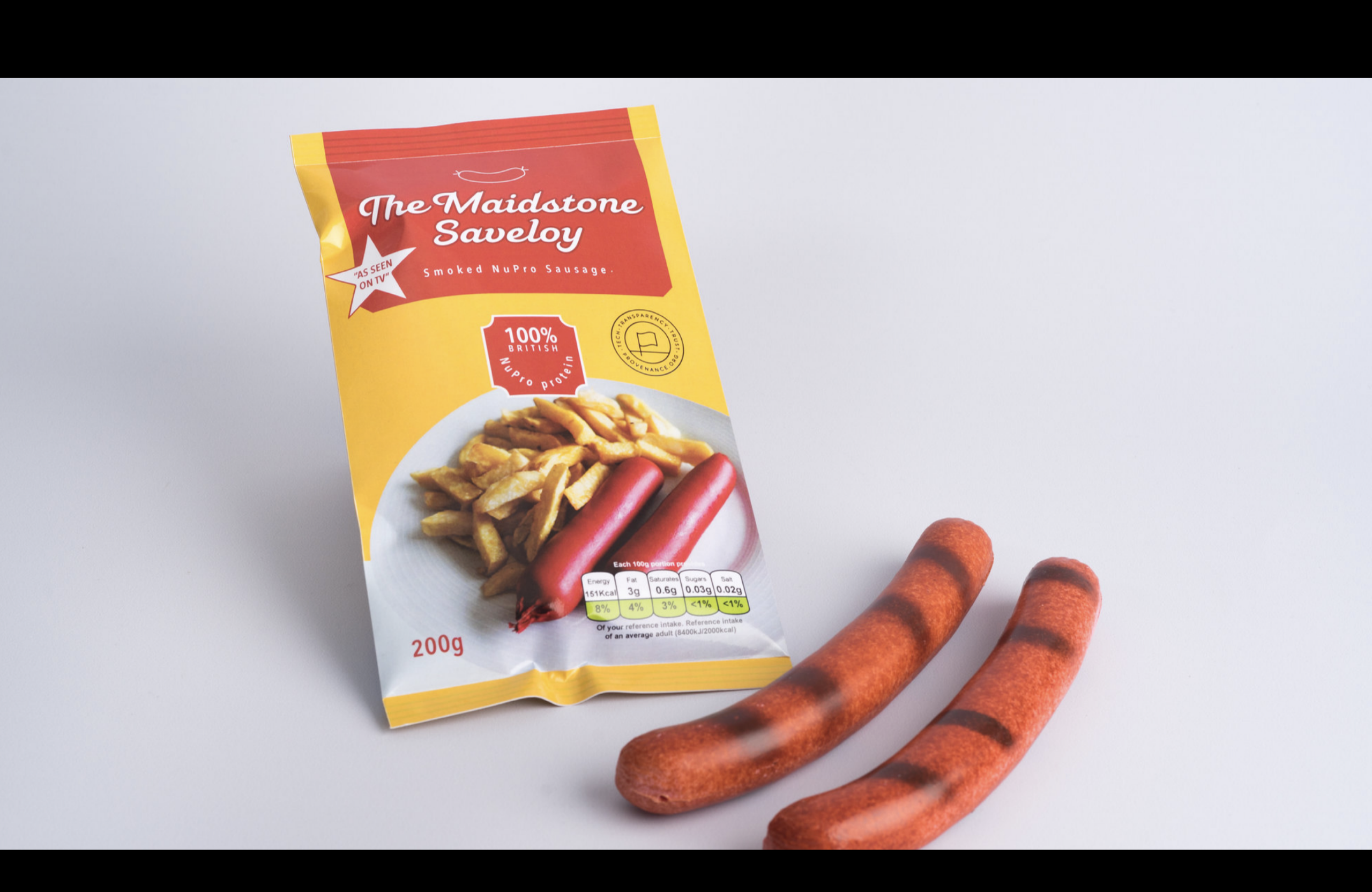 A package of "sausages" pictured with the sausages. THe packaging is yellow and red and has a serving suggestion, a local food protection designation, nutritional info and 100% cricket protein
