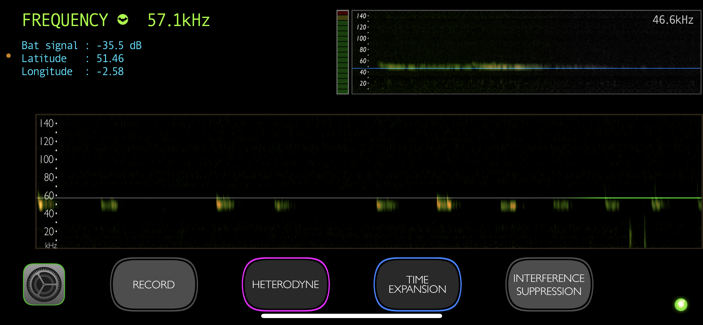 A screenshot from Bat Detect app showing heteordyne and time expansion selected and a series of green and yellow lines and it says Frequency 57.1khz